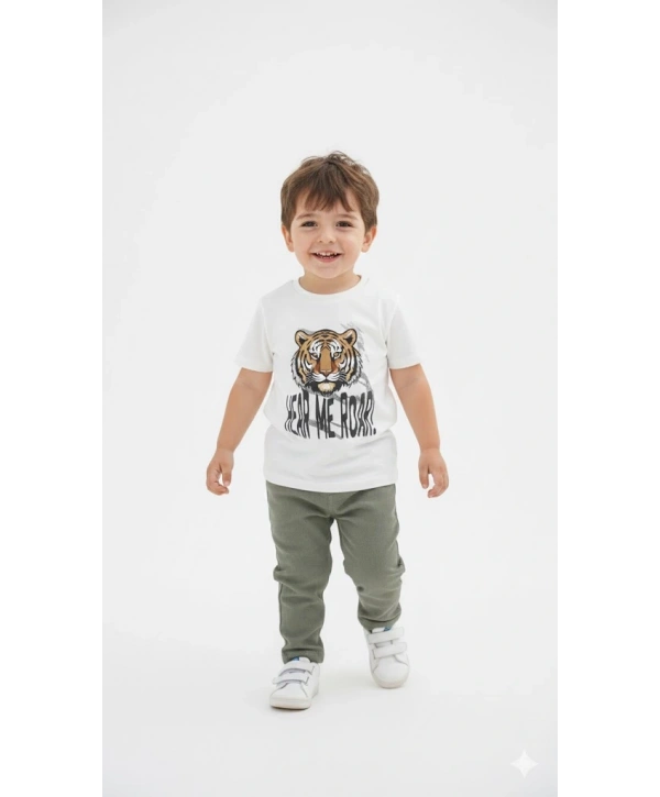 Erkek Çocuk Şapka Hediyeli Kaplan Baskılı 3’lü Kombin Takım - Ceket, Tişört ve Pantolon