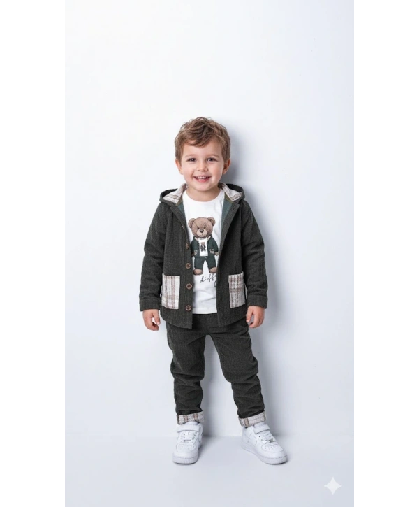 Erkek Çocuk %100 Pamuk Kadife Hırka, Pantolon ve Ayıcık Baskılı Uzun Kollu Sweatli 3lü Premium Seri