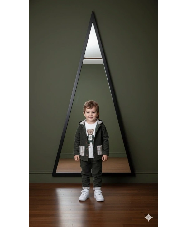 Erkek Çocuk %100 Pamuk Kadife Hırka, Pantolon ve Ayıcık Baskılı Uzun Kollu Sweatli 3lü Premium Seri