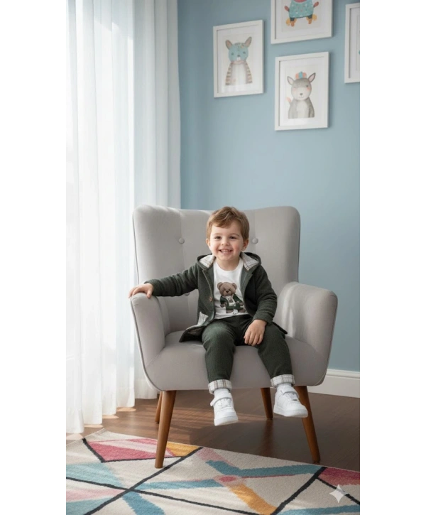 Erkek Çocuk %100 Pamuk Kadife Hırka, Pantolon ve Ayıcık Baskılı Uzun Kollu Sweatli 3lü Premium Seri