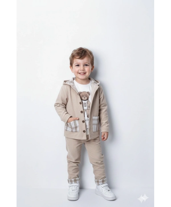 Erkek Çocuk %100 Pamuk Kadife Hırka, Pantolon ve Ayıcık Baskılı Uzun Kollu Sweatli 3lü Premium Seri