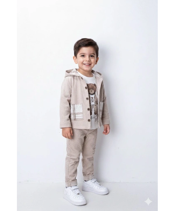 Erkek Çocuk %100 Pamuk Kadife Hırka, Pantolon ve Ayıcık Baskılı Uzun Kollu Sweatli 3lü Premium Seri