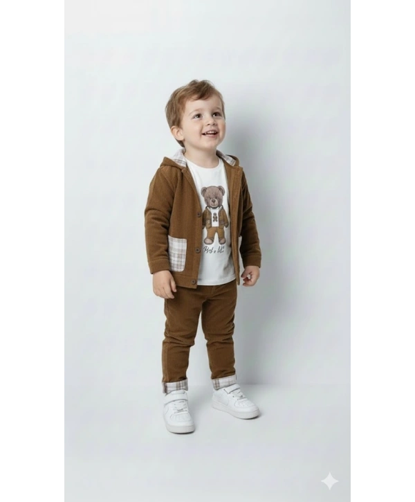 Erkek Çocuk %100 Pamuk Kadife Hırka, Pantolon ve Ayıcık Baskılı Uzun Kollu Sweatli 3lü Premium Seri