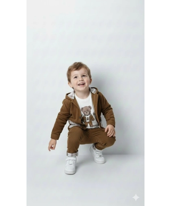 Erkek Çocuk %100 Pamuk Kadife Hırka, Pantolon ve Ayıcık Baskılı Uzun Kollu Sweatli 3lü Premium Seri
