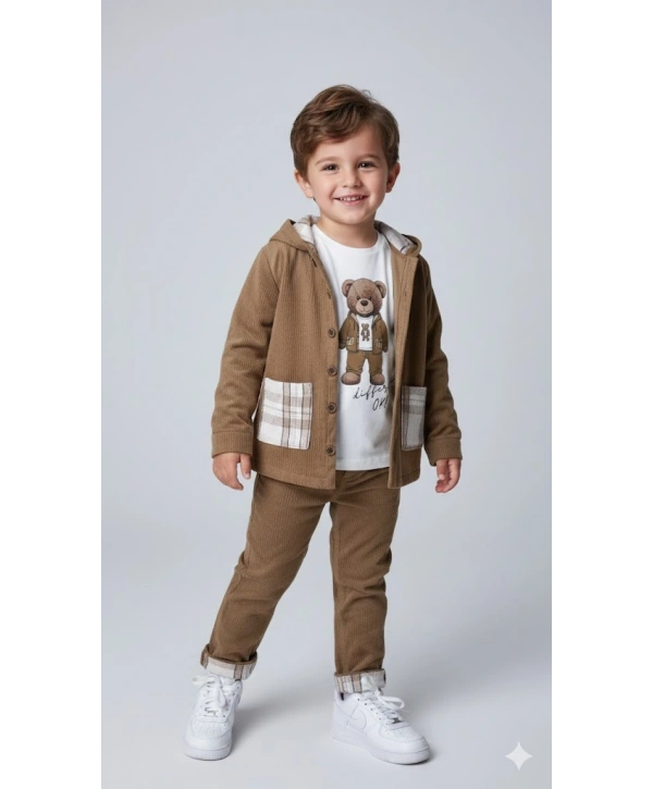 Erkek Çocuk %100 Pamuk Kadife Hırka, Pantolon ve Ayıcık Baskılı Uzun Kollu Sweatli 3lü Premium Seri