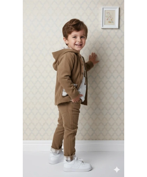 Erkek Çocuk %100 Pamuk Kadife Hırka, Pantolon ve Ayıcık Baskılı Uzun Kollu Sweatli 3lü Premium Seri