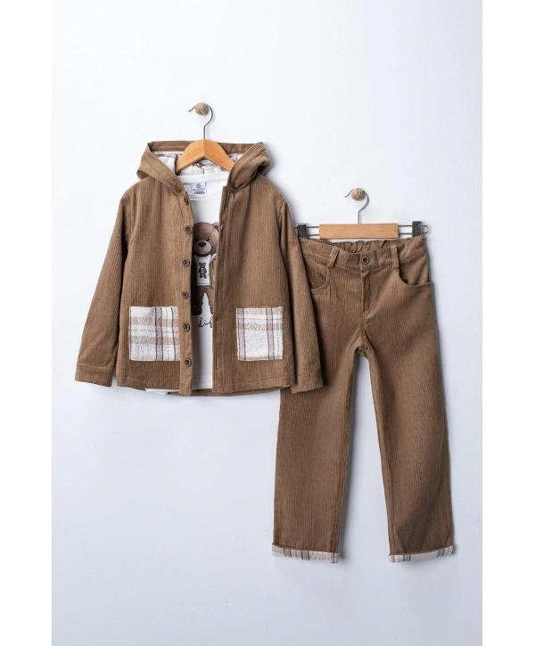 Erkek Çocuk %100 Pamuk Kadife Hırka, Pantolon ve Ayıcık Baskılı Uzun Kollu Sweatli 3lü Premium Seri