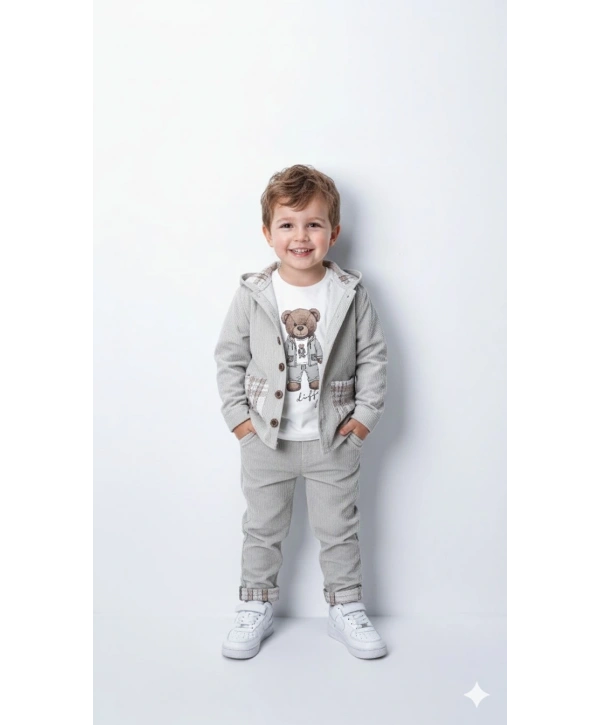 Erkek Çocuk %100 Pamuk Kadife Hırka, Pantolon ve Ayıcık Baskılı Uzun Kollu Sweatli 3lü Premium Seri