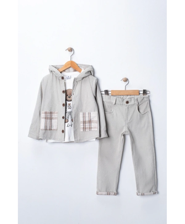 Erkek Çocuk %100 Pamuk Kadife Hırka, Pantolon ve Ayıcık Baskılı Uzun Kollu Sweatli 3lü Premium Seri