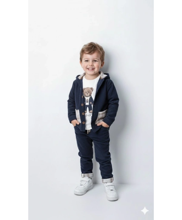 Erkek Çocuk %100 Pamuk Kadife Hırka, Pantolon ve Ayıcık Baskılı Uzun Kollu Sweatli 3lü Premium Seri