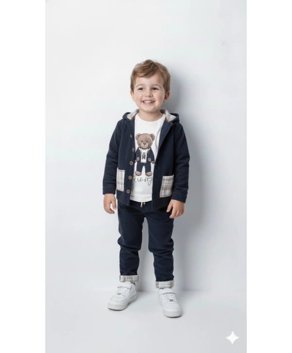 Erkek Çocuk %100 Pamuk Kadife Hırka, Pantolon ve Ayıcık Baskılı Uzun Kollu Sweatli 3lü Premium Seri