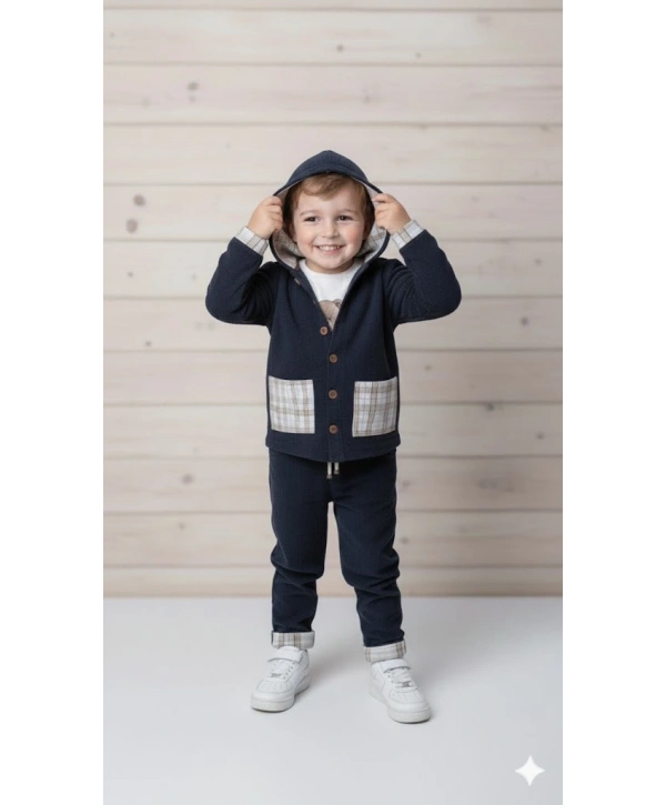 Erkek Çocuk %100 Pamuk Kadife Hırka, Pantolon ve Ayıcık Baskılı Uzun Kollu Sweatli 3lü Premium Seri