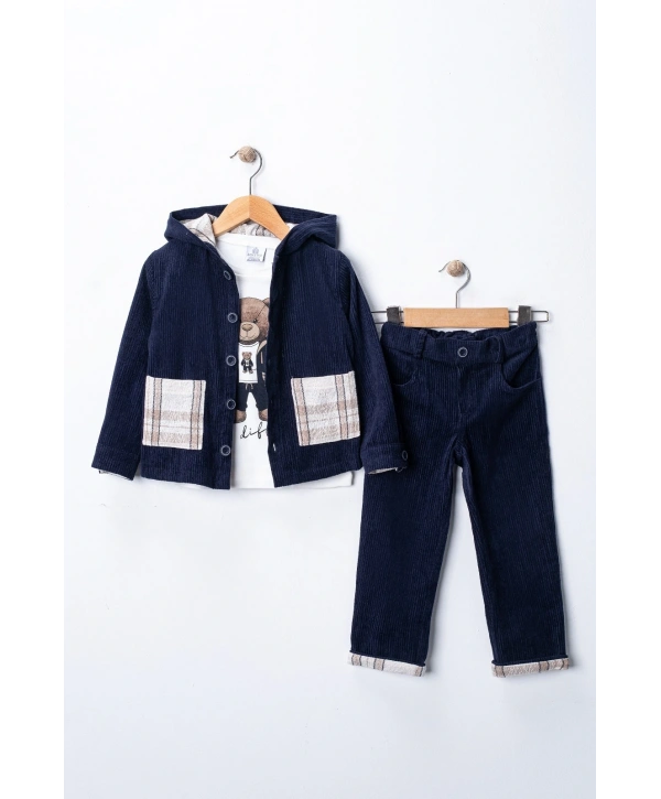 Erkek Çocuk %100 Pamuk Kadife Hırka, Pantolon ve Ayıcık Baskılı Uzun Kollu Sweatli 3lü Premium Seri