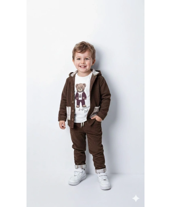 Erkek Çocuk %100 Pamuk Kadife Hırka, Pantolon ve Ayıcık Baskılı Uzun Kollu Sweatli 3lü Premium Seri