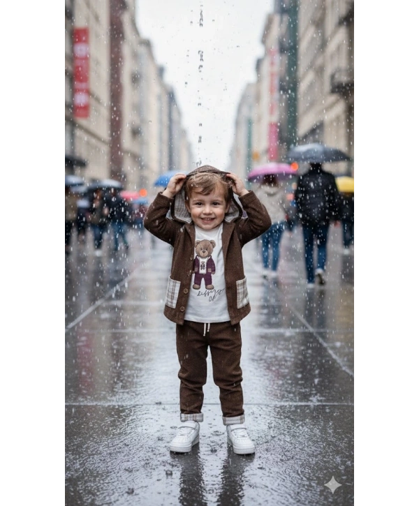 Erkek Çocuk %100 Pamuk Kadife Hırka, Pantolon ve Ayıcık Baskılı Uzun Kollu Sweatli 3lü Premium Seri