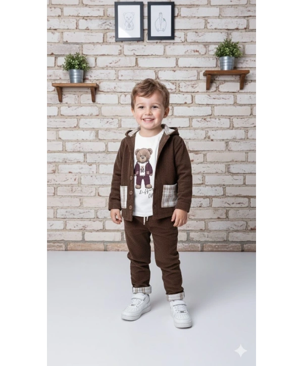 Erkek Çocuk %100 Pamuk Kadife Hırka, Pantolon ve Ayıcık Baskılı Uzun Kollu Sweatli 3lü Premium Seri