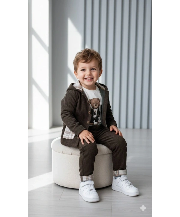 Erkek Çocuk %100 Pamuk Kadife Hırka, Pantolon ve Ayıcık Baskılı Uzun Kollu Sweatli 3lü Premium Seri