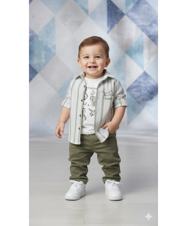 Erkek Bebek 3lü Takım - %100 Pamuk Baskılı Tişört, Çizgili Gömlek ve Pantolon Seti