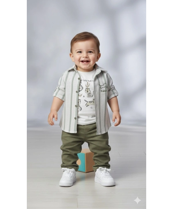 Erkek Bebek 3lü Takım - %100 Pamuk Baskılı Tişört, Çizgili Gömlek ve Pantolon Seti