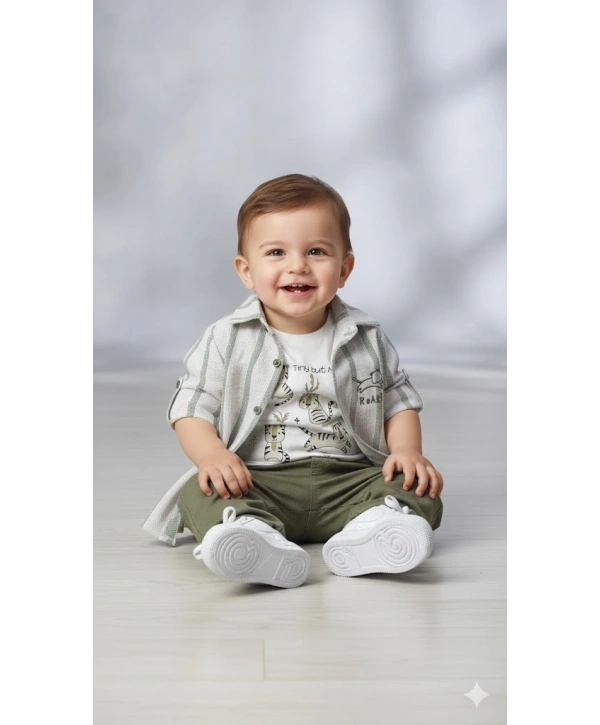 Erkek Bebek 3lü Takım - %100 Pamuk Baskılı Tişört, Çizgili Gömlek ve Pantolon Seti