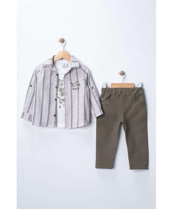Erkek Bebek 3lü Takım - %100 Pamuk Baskılı Tişört, Çizgili Gömlek ve Pantolon Seti