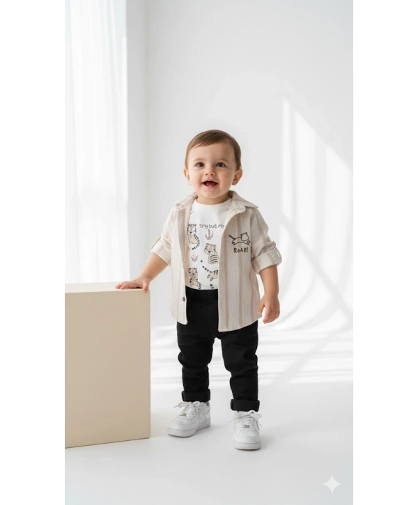 Erkek Bebek 3lü Takım - %100 Pamuk Baskılı Tişört, Çizgili Gömlek ve Pantolon Seti