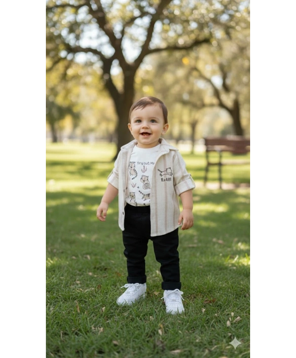 Erkek Bebek 3lü Takım - %100 Pamuk Baskılı Tişört, Çizgili Gömlek ve Pantolon Seti