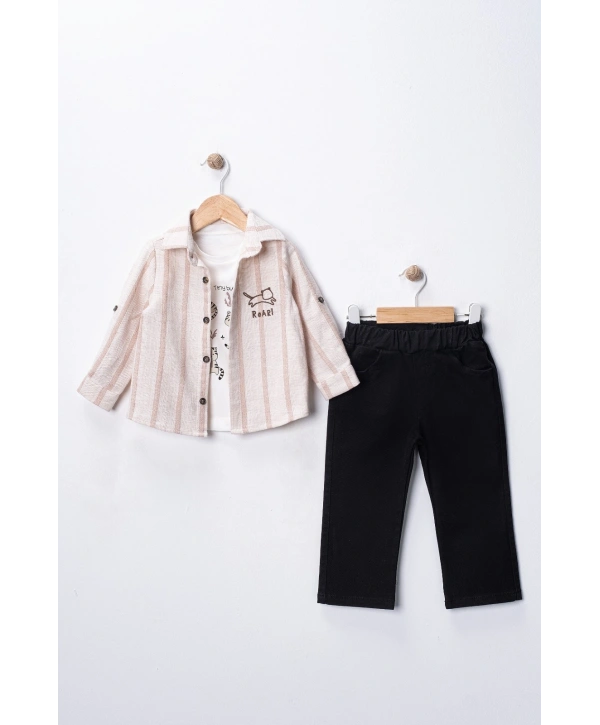 Erkek Bebek 3lü Takım - %100 Pamuk Baskılı Tişört, Çizgili Gömlek ve Pantolon Seti