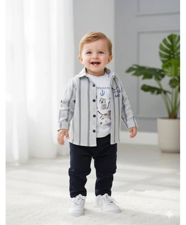 Erkek Bebek 3lü Takım - %100 Pamuk Baskılı Tişört, Çizgili Gömlek ve Pantolon Seti