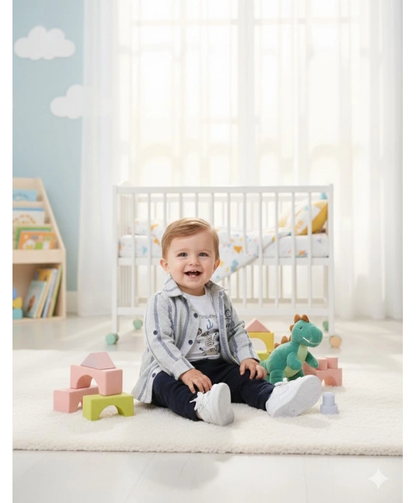 Erkek Bebek 3lü Takım - %100 Pamuk Baskılı Tişört, Çizgili Gömlek ve Pantolon Seti