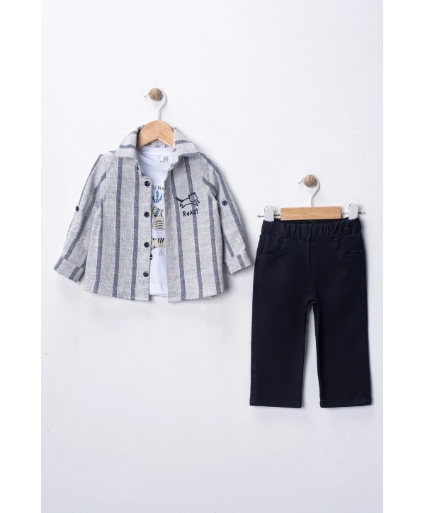 Erkek Bebek 3lü Takım - %100 Pamuk Baskılı Tişört, Çizgili Gömlek ve Pantolon Seti