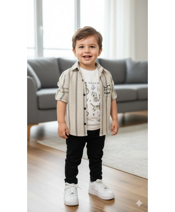 Erkek Bebek 3lü Takım - %100 Pamuk Baskılı Tişört, Çizgili Gömlek ve Pantolon Seti