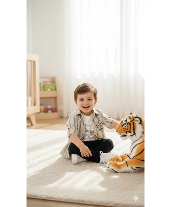 Erkek Bebek 3lü Takım - %100 Pamuk Baskılı Tişört, Çizgili Gömlek ve Pantolon Seti