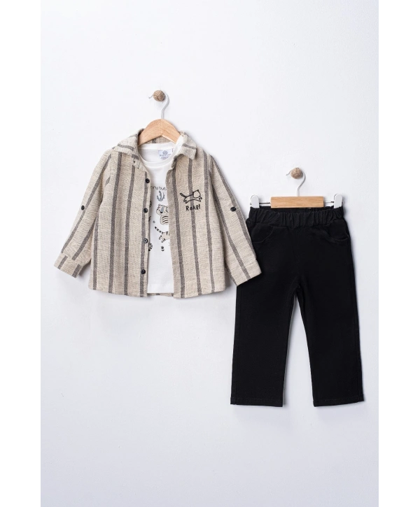 Erkek Bebek 3lü Takım - %100 Pamuk Baskılı Tişört, Çizgili Gömlek ve Pantolon Seti