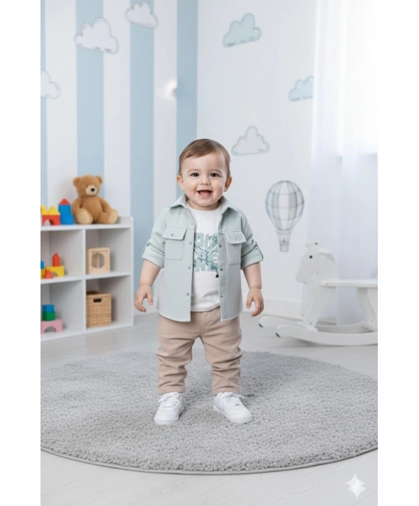 Erkek Çocuk Şapka Hediyeli Mevsimlik 3lü Kombin Takım - Ceket, Baskılı Tişört ve Pantolon