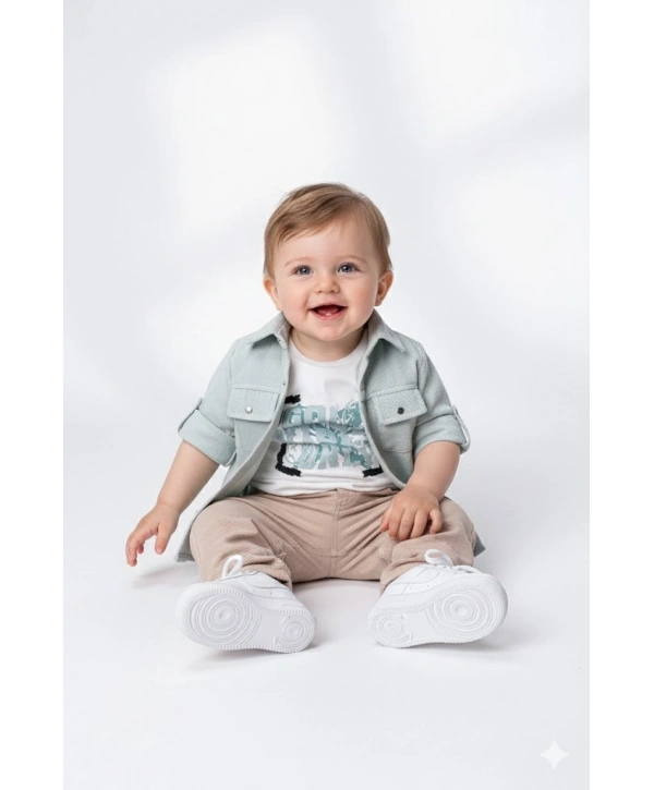 Erkek Çocuk Şapka Hediyeli Mevsimlik 3lü Kombin Takım - Ceket, Baskılı Tişört ve Pantolon