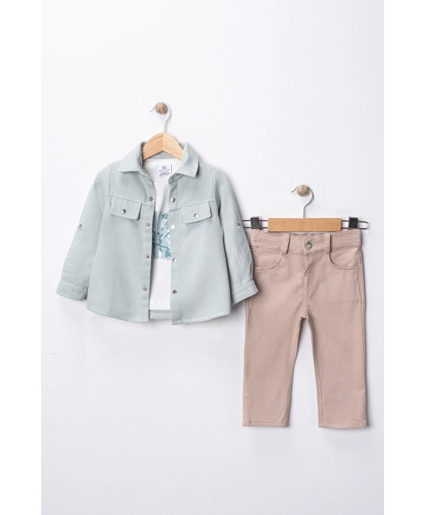 Erkek Çocuk Şapka Hediyeli Mevsimlik 3lü Kombin Takım - Ceket, Baskılı Tişört ve Pantolon