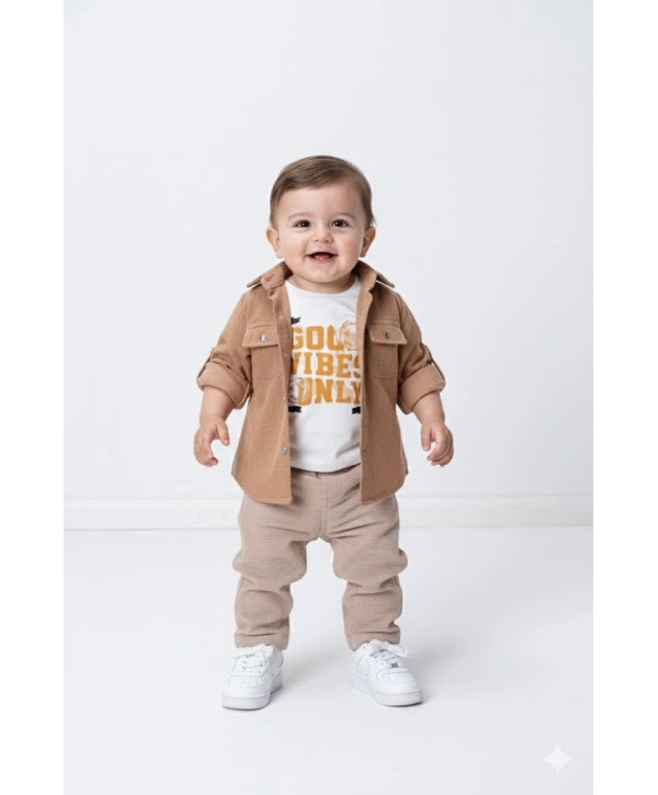 Erkek Çocuk Şapka Hediyeli Mevsimlik 3lü Kombin Takım - Ceket, Baskılı Tişört ve Pantolon