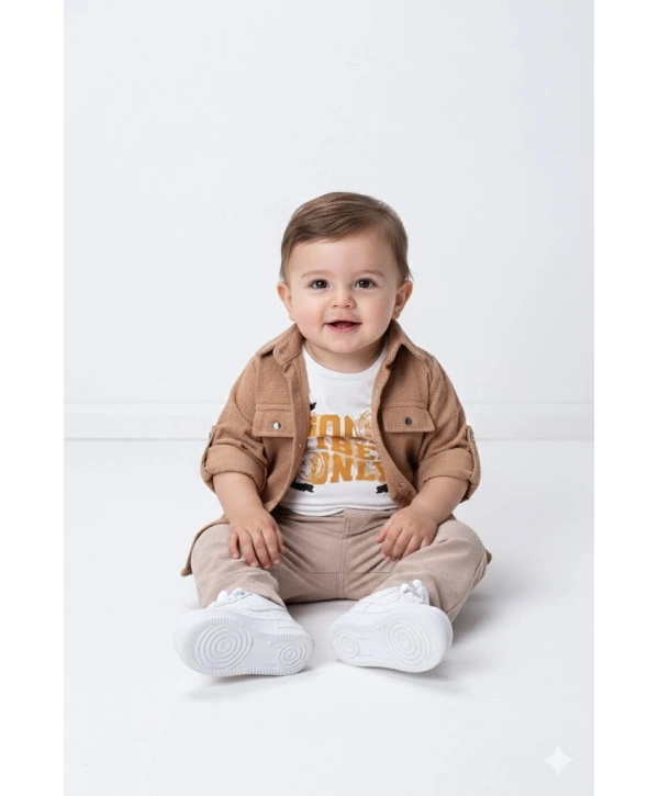 Erkek Çocuk Şapka Hediyeli Mevsimlik 3lü Kombin Takım - Ceket, Baskılı Tişört ve Pantolon