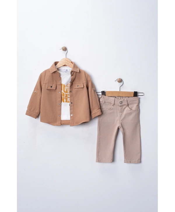 Erkek Çocuk Şapka Hediyeli Mevsimlik 3lü Kombin Takım - Ceket, Baskılı Tişört ve Pantolon