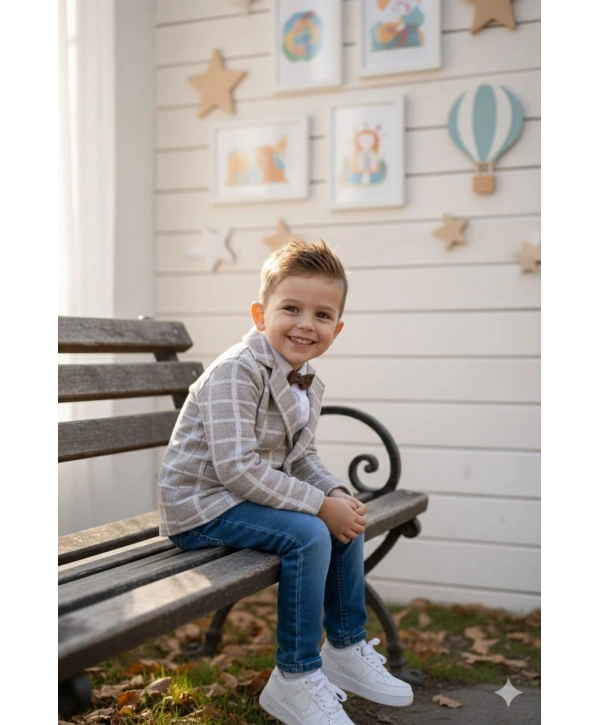 Erkek Çocuk Spor Ceketli Gömlekli ve Pantolonlu 3lü Premium Seri