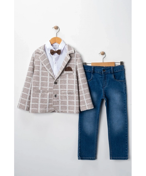 Erkek Çocuk Spor Ceketli Gömlekli ve Pantolonlu 3lü Premium Seri