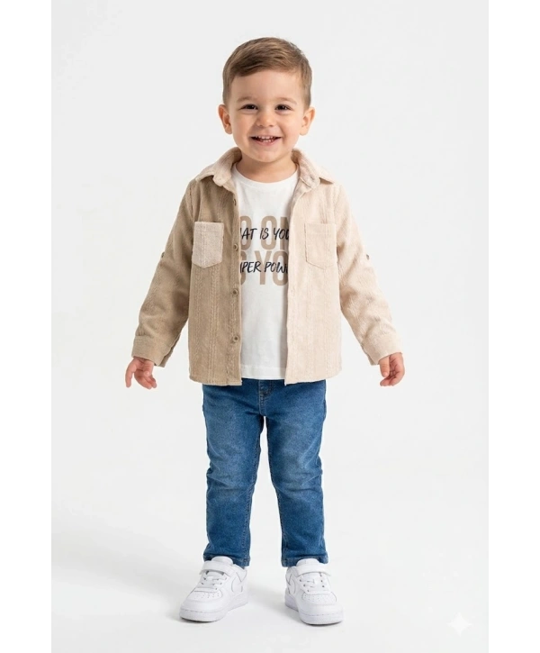 Erkek Çocuk Casual 3lü Takım - Kolu Katlanabilir Gömlek, %100 Pamuk Tişört ve Beli Ayarlanabilir Jean