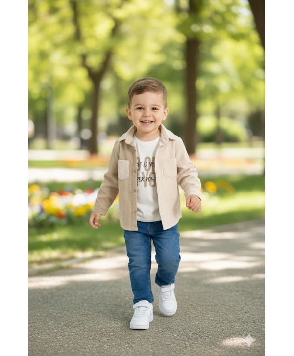 Erkek Çocuk Casual 3lü Takım - Kolu Katlanabilir Gömlek, %100 Pamuk Tişört ve Beli Ayarlanabilir Jean