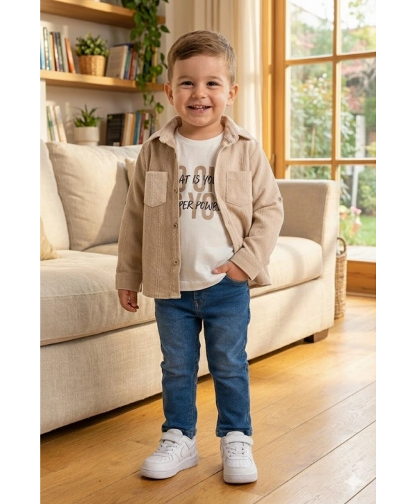 Erkek Çocuk Casual 3lü Takım - Kolu Katlanabilir Gömlek, %100 Pamuk Tişört ve Beli Ayarlanabilir Jean