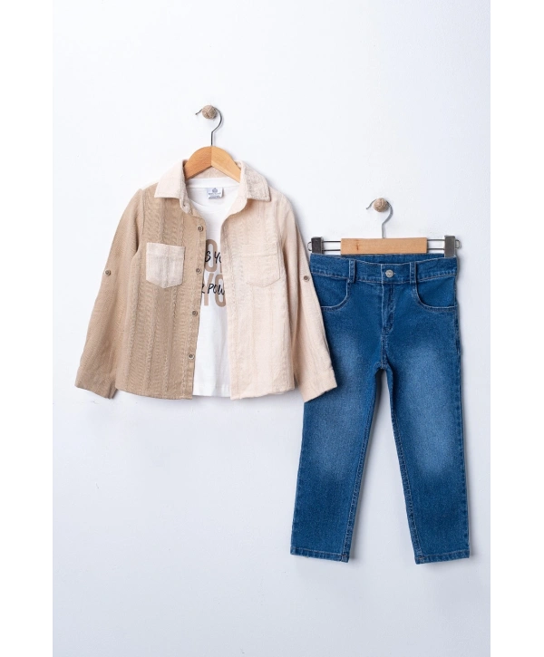 Erkek Çocuk Casual 3lü Takım - Kolu Katlanabilir Gömlek, %100 Pamuk Tişört ve Beli Ayarlanabilir Jean