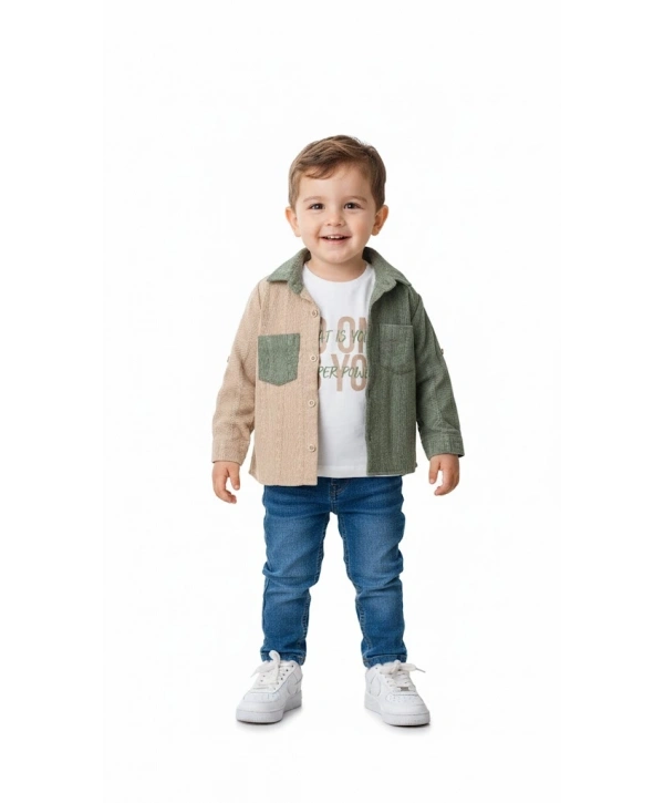 Erkek Çocuk Casual 3lü Takım - Kolu Katlanabilir Gömlek, %100 Pamuk Tişört ve Beli Ayarlanabilir Jean