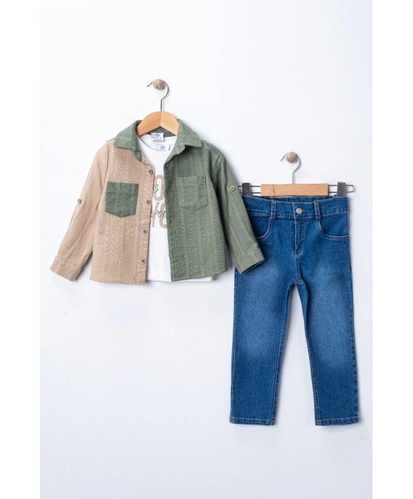 Erkek Çocuk Casual 3lü Takım - Kolu Katlanabilir Gömlek, %100 Pamuk Tişört ve Beli Ayarlanabilir Jean