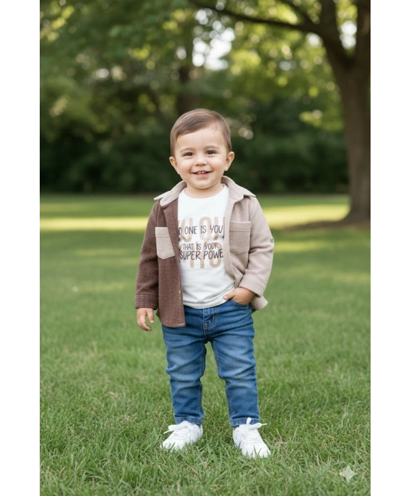 Erkek Çocuk Casual 3lü Takım - Kolu Katlanabilir Gömlek, %100 Pamuk Tişört ve Beli Ayarlanabilir Jean