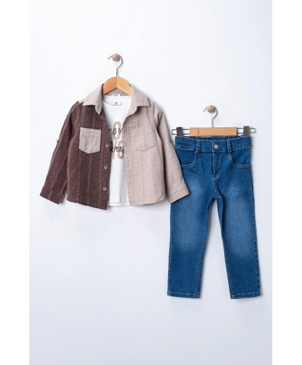 Erkek Çocuk Casual 3lü Takım - Kolu Katlanabilir Gömlek, %100 Pamuk Tişört ve Beli Ayarlanabilir Jean